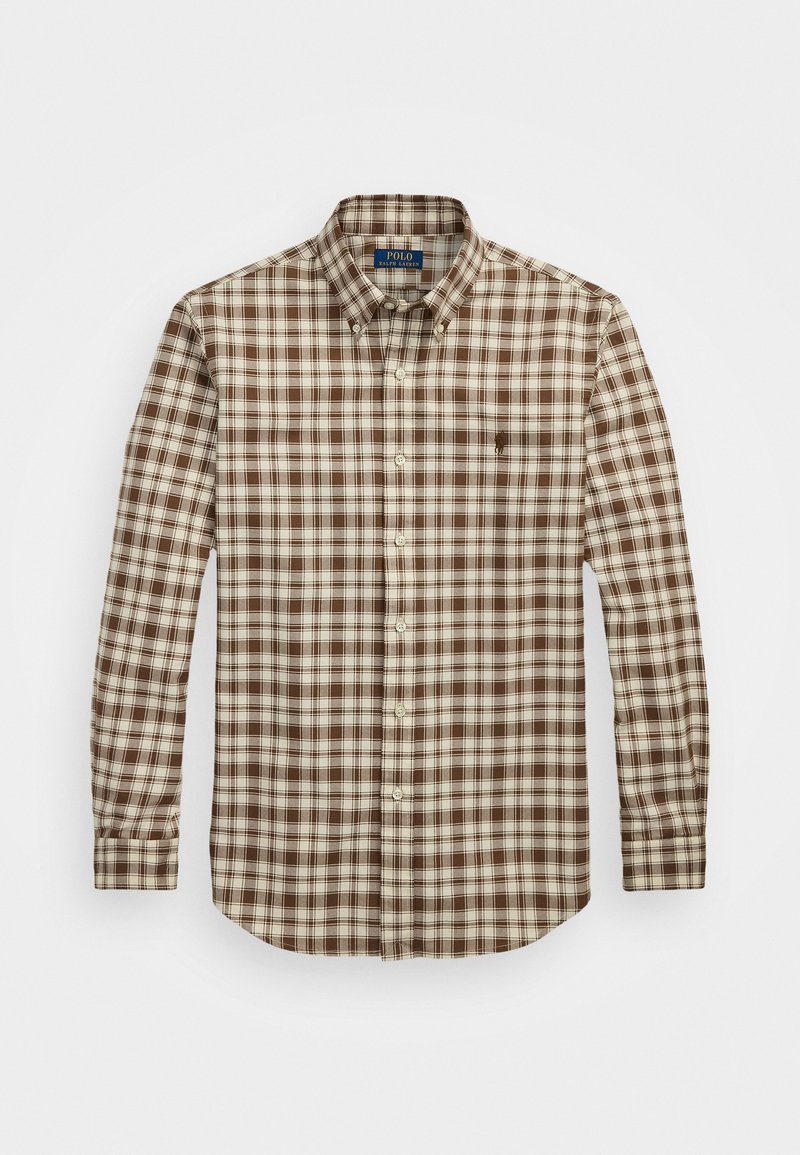 Camisa de manga larga de cuadros en tonos marrón y crema, hecha de algodón, con un cuello y un pequeño logo en el pecho.