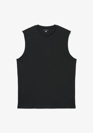 Maglietta nera senza maniche con scollo rotondo, realizzata in tessuto morbido, con un design minimalista e una vestibilità standard. Taglia XL.