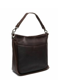 Borsa a spalla in pelle marrone con una superficie liscia, forma strutturata e tasca frontale. Presenta una tracolla staccabile con accessori in metallo.