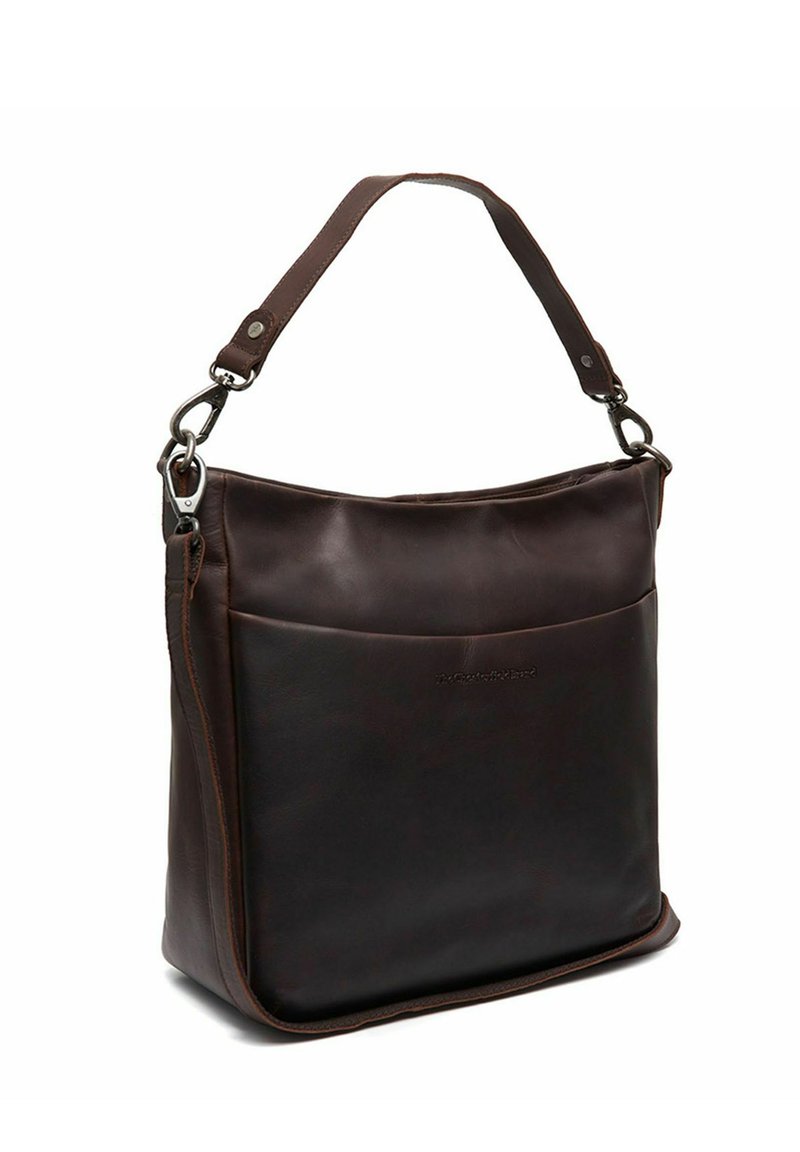 Borsa a spalla in pelle marrone con una superficie liscia, forma strutturata e tasca frontale. Presenta una tracolla staccabile con accessori in metallo.