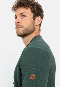 Grüner strukturierter Pullover mit einem gerippten Kragen und einem braunen Logo-Patch auf der linken Schulter. Sichtbare Nahtdetails an den Ärmeln.