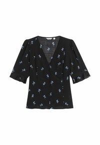 Schwarze Bluse mit kleinem blauen Blumenmuster, V-Ausschnitt, Vorderknopfverschluss, gepuffte, dreiviertellange Ärmel mit Rüschensäumen.