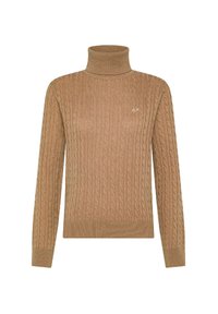 Maglione a collo alto a trecce color beige. Presenta polsini e orlo a coste, con un piccolo logo sul petto. Texture morbida e design aderente.