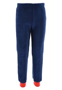 Fleece pajama pants in navy blue with red ankle accents. Features a soft texture and straight leg design. Ideal for comfort and warmth.
