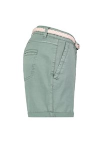Green shorts featuring a textured fabric, rolled hem, and a braided cream belt. Includes two side pockets and one rear pocket.