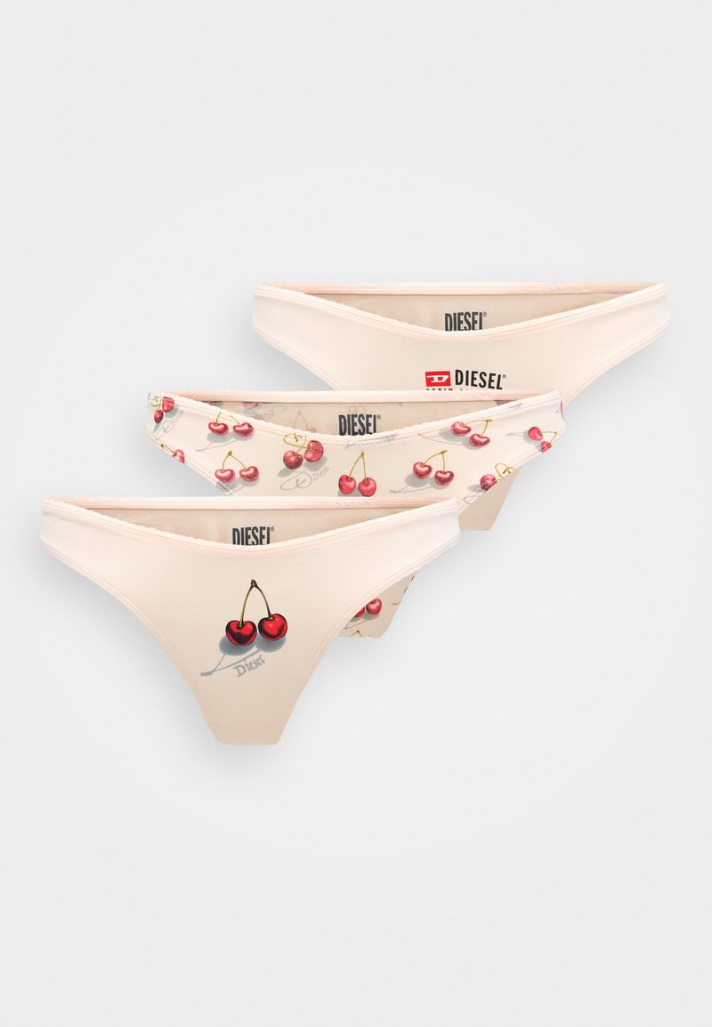 Three pairs of women's hipster briefs in light peach with cherry prints. The center brief features a graphic of two cherries and brand logo.