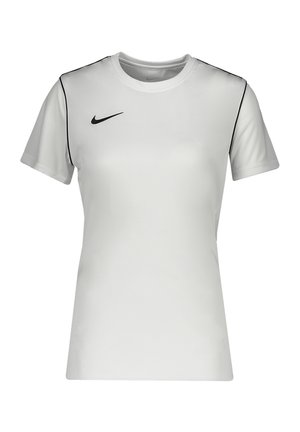 Hvid kortærmet Nike sportstrøje med sorte kanter på skuldrene og et sort Nike-swoosh-logo på venstre bryst.