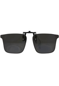 Black sunglasses with a rectangular shape, dark lenses, and a minimalistic design. Features a metal frame and nose pads for comfort.
