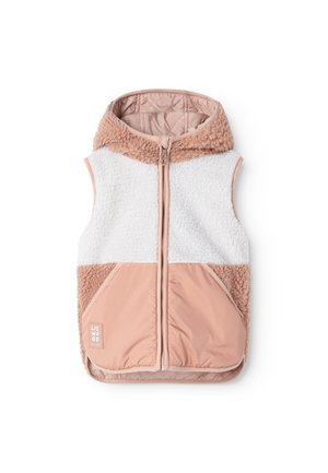 Veste sans manches à capuche avec fermeture éclair frontale, combinant tissu sherpa blanc et marron clair et panneaux de poche en tissu lisse marron clair.