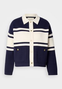 Mėlynos ir baltos dryžuotos striukės, su apykakle, auksinėmis sagomis ir dviem priekinėmis kišenėmis, pagaminta iš tekstūruotos medžiagos.