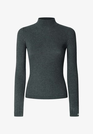 Tumši pelēkā ribiņota augstajā apkaklē piegriezta džemperis ar garām piedurknēm, cieši piegriezts dizains, mīksta tekstūra un viendabīga krāsa, pie hem detalizācijas ir mazs logotips.