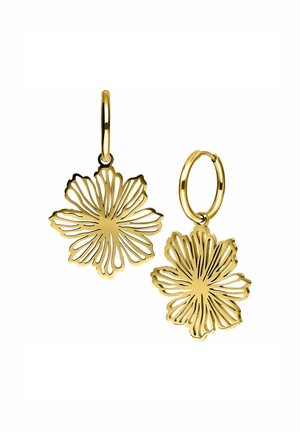 Gold floral earrings with a cut-out design, featuring multiple petal layers and a hoop attachment. Smooth texture with a polished finish.