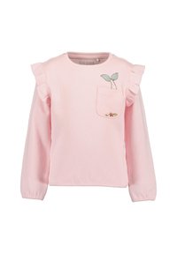 Ljusrosa långärmad sweatshirt med ribbad textur, volangdetaljer på axlarna, framficka och dekorativ broderi av blad.