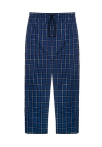 Marineblauwe geblokte loungebroek met een elastische tailleband en verstelbare trekkoord. Heeft een wit en rood geruit patroon.