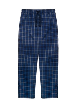 Marineblauwe geblokte loungebroek met een elastische tailleband en verstelbare trekkoord. Heeft een wit en rood geruit patroon.