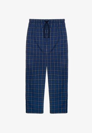 Marineblauwe geblokte loungebroek met een elastische tailleband en verstelbare trekkoord. Heeft een wit en rood geruit patroon.