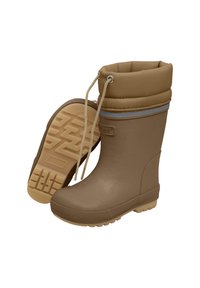 Bottes de pluie en caoutchouc brun avec un haut rembourré, cordon de serrage réglable, semelle texturée et une bande d'accent argentée autour du milieu.