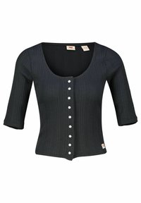 Musta ribattava neulepaita, jossa on pyöreä pääntie, kolmanneksen pituiset hihat ja nappikiinnitys valkoisilla takeilla. Pienen logotagin sijaitsee helmassa.