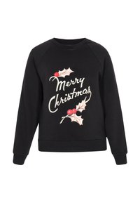 Felpa nera con scritta "Buon Natale" in bianco, decorata con foglie di agrifoglio e bacche rosse. Collo e polsini a coste.