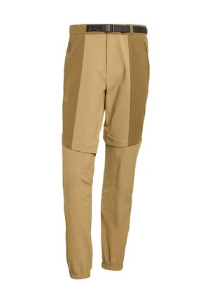 Light brown cargo pants with a textured finish, featuring a black adjustable belt, two side pockets, and elastic cuffs at the ankles.