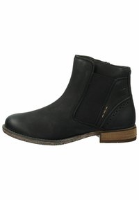 Bota de cuero negro hasta el tobillo con paneles laterales elásticos, puntera redondeada y perforaciones decorativas. Presenta un tacón bajo apilado y suela texturizada.
