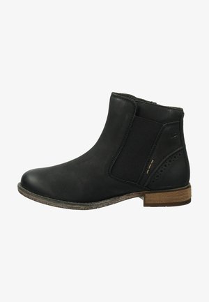 Schwarze Leder-Ankle-Boots mit elastischen Seitenpanelen, runder Spitze und dekorativen Perforationen. Verfügt über einen niedrigen gestapelten Absatz und eine strukturierte Sohle.