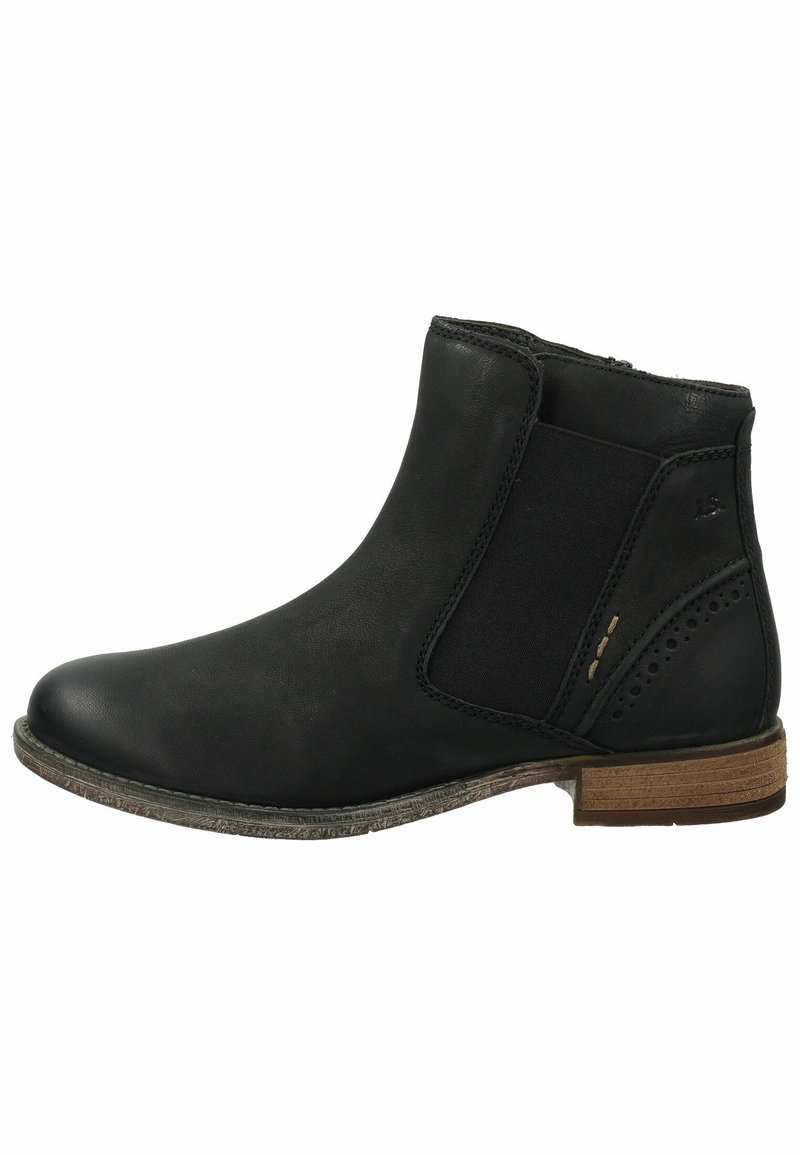 Bota de cuero negro hasta el tobillo con paneles laterales elásticos, puntera redondeada y perforaciones decorativas. Presenta un tacón bajo apilado y suela texturizada.