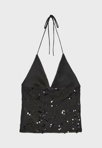 Haut dos-nu noir à décolleté plongeant en V, orné de sequins noirs et argentés en motifs floraux épars.