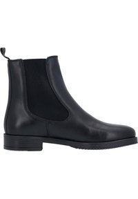 Botas Chelsea de cuero negro con paneles elásticos en los laterales, un tirador y una suela de goma texturizada y baja para mayor agarre y flexibilidad.