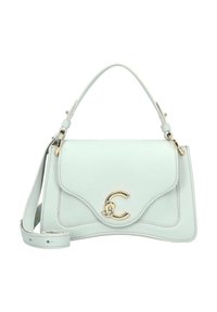 Borsa in pelle verde menta con manico superiore e tracolla rimovibile. Presenta una chiusura con logo dorato e una finitura testurizzata.