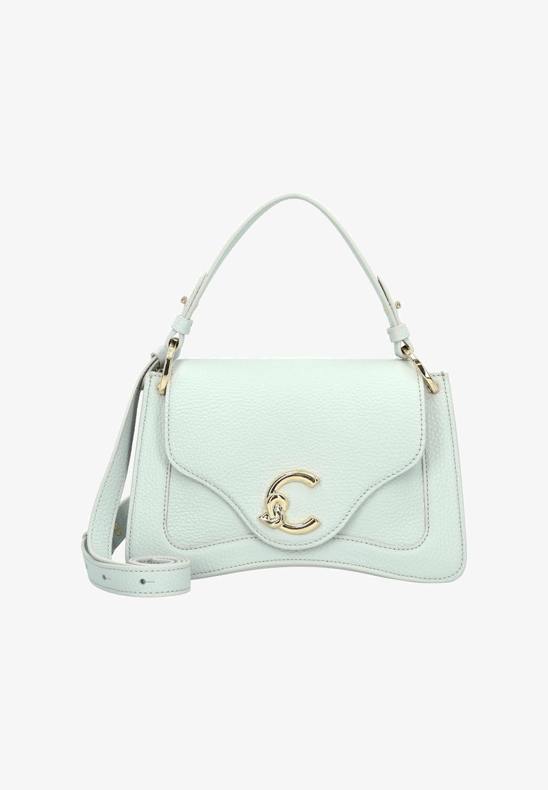 Borsa in pelle verde menta con manico superiore e tracolla rimovibile. Presenta una chiusura con logo dorato e una finitura testurizzata.