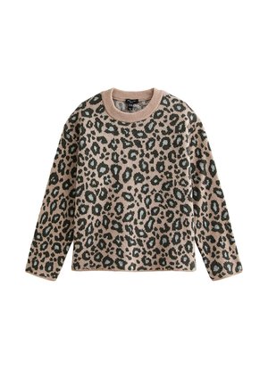 Suéter de punto con estampado de leopardo en beige con acentos verdes, con cuello redondo y mangas largas, tejido texturizado y un corte relajado.