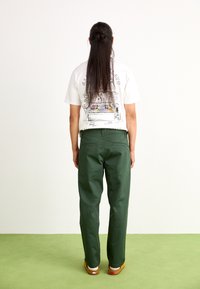 Vedere din spate a unei persoane care poartă un tricou alb cu un imprimeu grafic și pantaloni verzi. Pantalonii sunt drepți și au un ușor luciu.