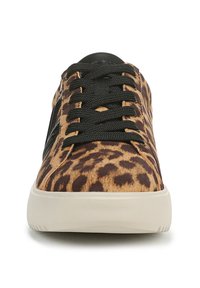 Leopard print sneakers feature a textured fabric upper, lace-up design, black accents, and a white rubber sole.