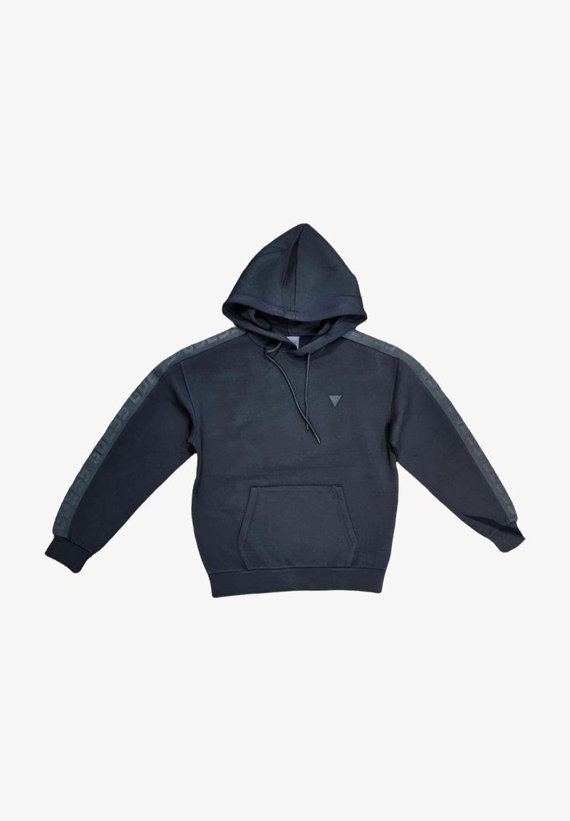 Sweat à capuche noir avec poche avant et bandes à motifs courant le long des manches de l'épaule au poignet.