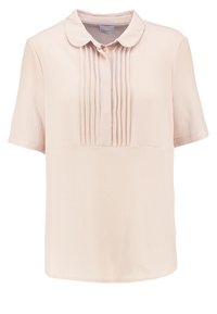 Helle rosa Bluse mit kurzen Ärmeln und kragenförmigem Ausschnitt, Vorderfalten und strukturiertem Stoff. Einfaches Design, lässige Passform und keine sichtbaren Verschlüsse.