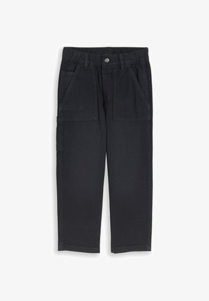 Pantalon noir à jambes droites avec ceinture élastique, fermeture à boutons à l'avant, grandes poches plaquées à l'avant et passants pour ceinture.