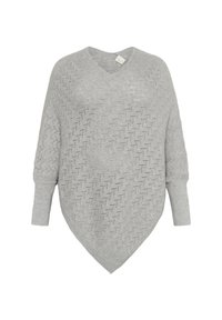 Hellgrauer gestrickter Poncho mit V-Ausschnitt, lockerer Passform, langen Ärmeln und einem durchgängigen Lochmuster.