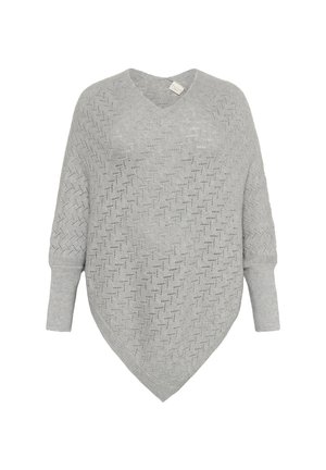 Hellgrauer gestrickter Poncho mit V-Ausschnitt, lockerer Passform, langen Ärmeln und einem durchgängigen Lochmuster.