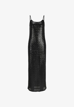 Crna haljina sa šljokicama i tankim naramenicama, koja ima uski kroj i ravni rub. Površina je potpuno prekrivena sjajnim šljokicama.