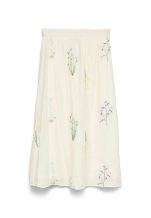 Jupe midi crème avec taille élastique, ornée de broderies florales pastel éparses en bleu, jaune et tons rouille.