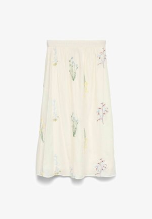 Gonna midi color crema con vita elastica, decorata con ricami floreali pastello sparsi in tonalità di blu, giallo e ruggine.