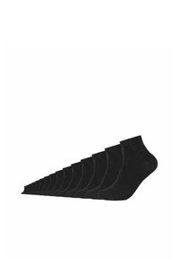 Schwarze Knöchelsocken in einer Reihe präsentiert. Hergestellt aus weichem Stoff mit einer glatten Textur. Verfügt über einen gerippten Bund und ein nahtloses Zehendesign.