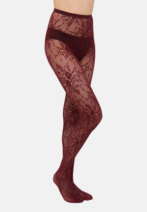 Collants en dentelle bordeaux avec un motif floral, taille haute et finition texturée, offrant une apparence légère et élégante.