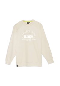 Sweatshirt beige clair avec un col ras du cou, des manches raglan longues et un texte imprimé en blanc indiquant "ATHLETICS GOODS MUNICH ORIGINAL SPORTS BRAND SINCE 1939."