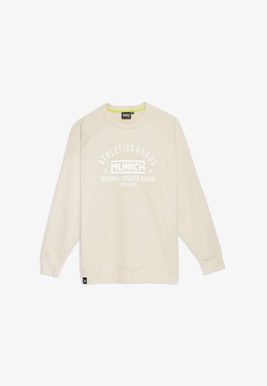 Felpa beige chiaro con collo rotondo, maniche lunghe raglan e testo stampato bianco che recita "ATHLETICS GOODS MUNICH ORIGINAL SPORTS BRAND SINCE 1939."