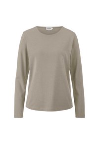 Långärmad beige tröja med rund halsringning och rak nederkant, uppvisad mot en vit bakgrund.