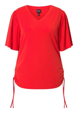 Rote Kurzarm-Bluse mit V-Ausschnitt, Puffärmel und verstellbaren Seitenschlaufen am Saum, aus glattem Stoff.