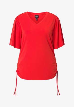 Red short-sleeve V-neck blouse with puffed sleeves and adjustable side ties at the hem, made of smooth fabric.