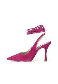 Pink suede high-heeled slingback shoe with a pointed toe, ankle ties, and a slender stiletto heel. Smooth texture and minimalist design.